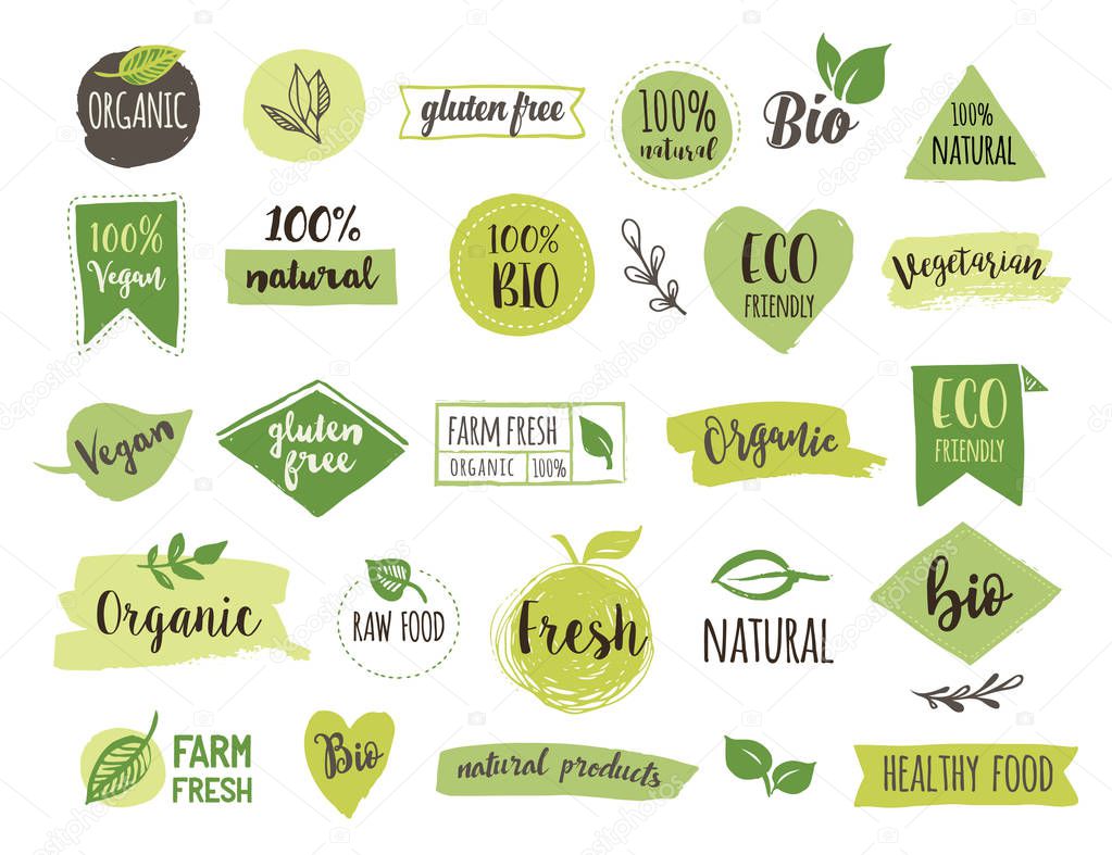 Bio, Ecology, Organic logos and icons, labels, tags. Hand drawn bio healthy food badges, set of raw, vegan, healthy food signs, organic and elements set