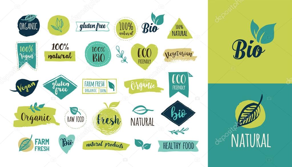 Bio, Ecology, Organic logos and icons, labels, tags. Hand drawn bio healthy food badges, set of raw, vegan, healthy food signs, organic and elements set