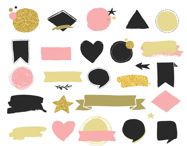 Insignias de parche de moda y pegatinas, labios y etiquetas de venta. Corazones de oro, burbujas de habla, estrellas y otros elementos. Elemento vectorial, antecedentes. Set de pegatinas, alfileres, parches, estilo chic — Vector de stock