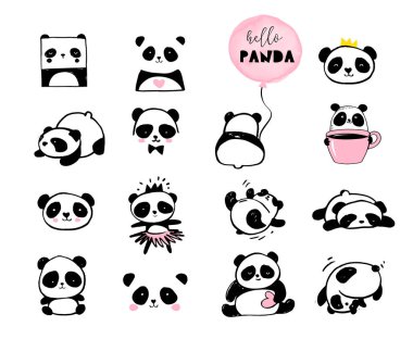 Cute Panda bear illustrations, collection of vector hand drawn elements, black and white icons clipart