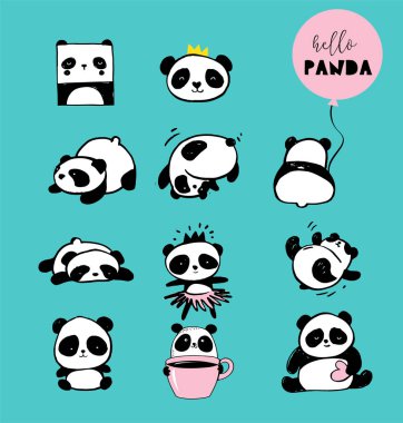 Sevimli Panda ayısı illüstrasyonlar, vektör topluluğu çizilmiş öğeleri, siyah ve beyaz simgeler el