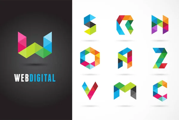 Criativa, ícones coloridos carta digital, elemento e símbolo, modelo de logotipo. W, S, O, A, Z, N, M, C — Vetor de Stock