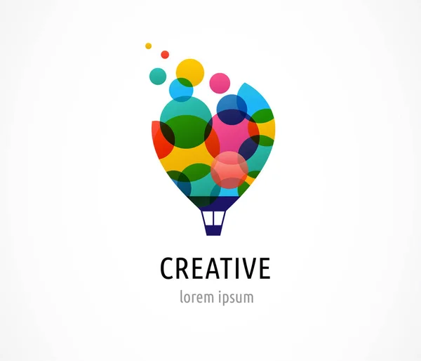 Creativo, digitale astratto e bambini stile colorato icona della mongolfiera con colorate icone felici, simboli — Vettoriale Stock