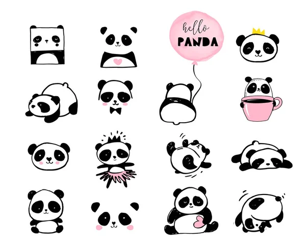 Cute Panda bear illustrations, collection of vector hand drawn elements, black and white icons — Stock Vector