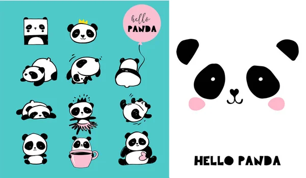 Bonito Panda urso ilustrações, coleção de elementos desenhados à mão vetor, ícones preto e branco — Vetor de Stock