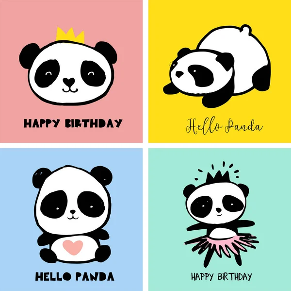 Bonito Panda urso ilustrações, coleção de cartões de estilo simples coloridos, cartazes — Vetor de Stock
