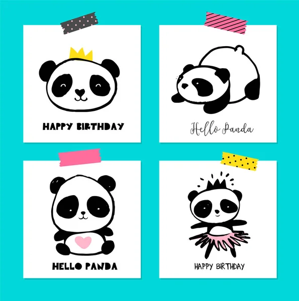 Lindo oso Panda ilustraciones, colección de tarjetas de estilo simple de colores, carteles — Vector de stock