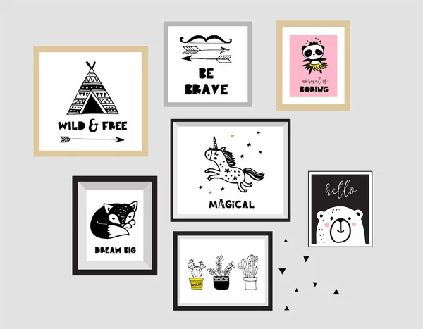 Skandinávský styl, jednoduchý design, čisté a roztomilé ilustrace černá, bílá, sbírka plakátů pro děti, školky výzdoba, design interiéru — Stockový vektor
