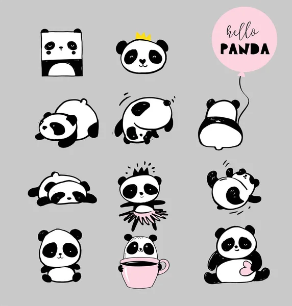 Ilustrasi beruang Panda imut, koleksi elemen gambar tangan vektor, ikon hitam dan putih Stok Ilustrasi Bebas Royalti