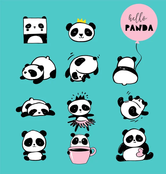 Ilustrasi beruang Panda imut, koleksi elemen gambar tangan vektor, ikon hitam dan putih Stok Vektor Bebas Royalti
