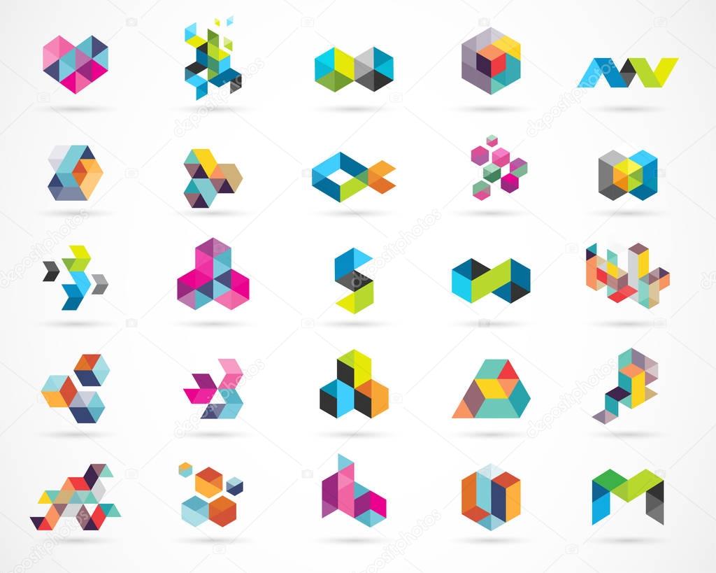 Creative, digital abstract colorful icons, elements and symbols