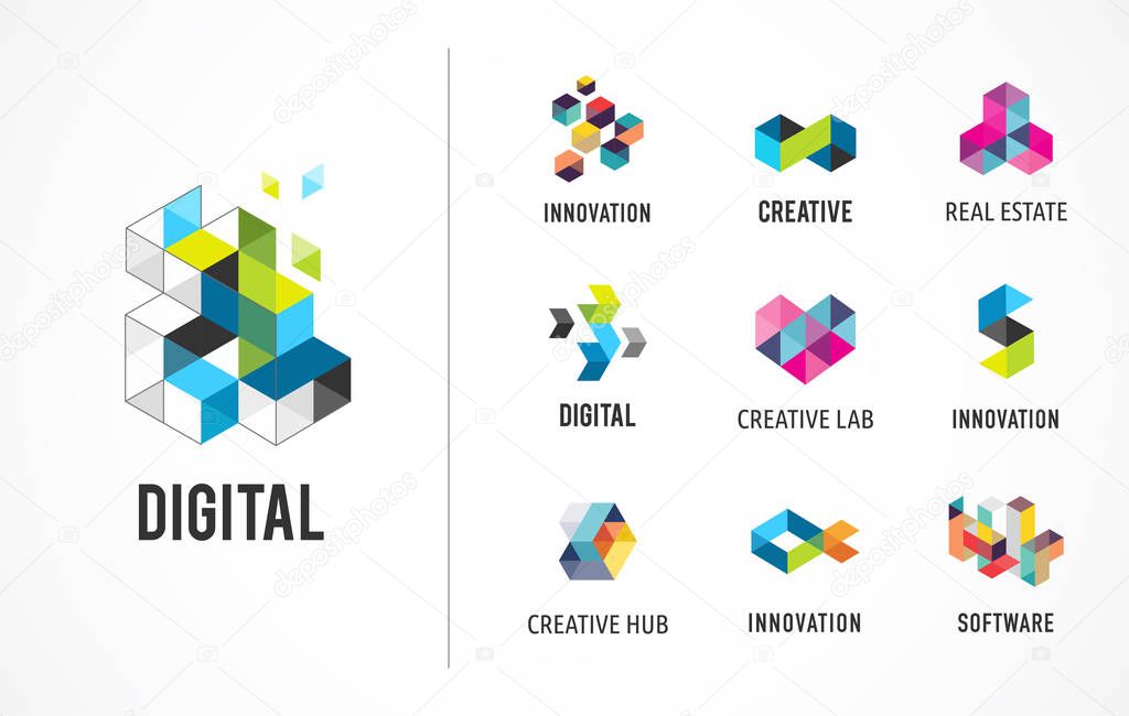 Creative, digital abstract colorful icons, elements and symbols