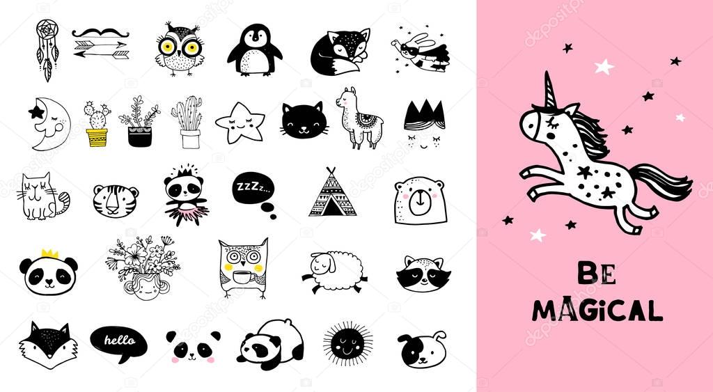 Scandinavian style, simple design, clean and cute black, white illustrations, collection of children doodles, sketches