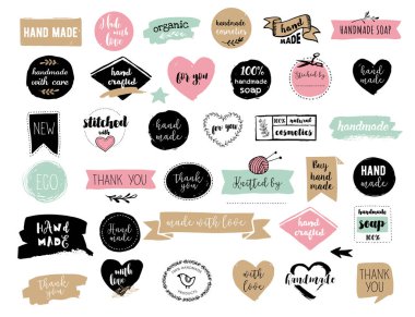 Elle çizilmiş vektör - el yapımı, craft, örgü ve sanat etiketleri, yazı ile Etiketler