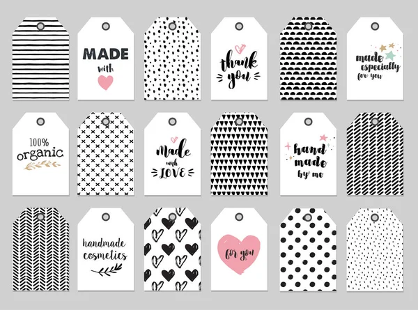 Handmade, craft, knitting and art labels, tags with lettering, seamless hand drawn patterns — Stock Vector