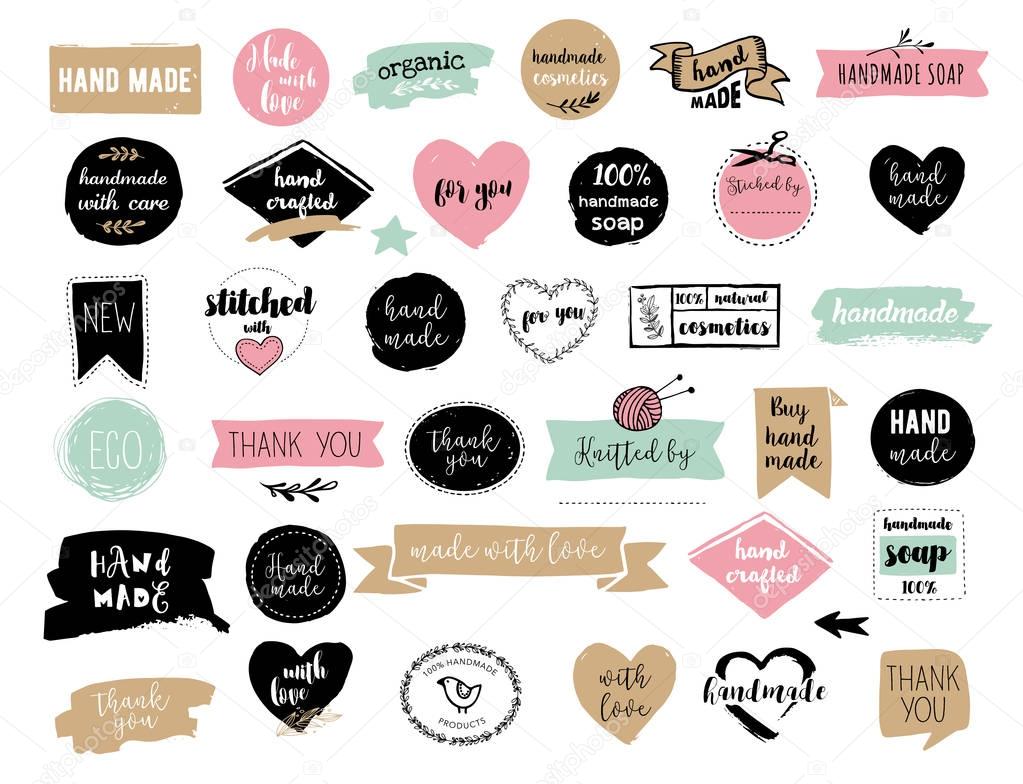 Hand drawn vector - handmade, craft, knitting and art labels, tags with lettering