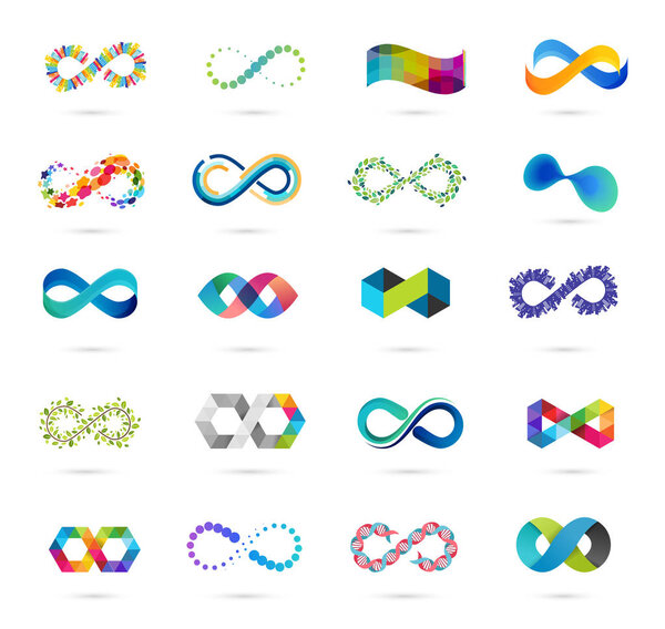 Colorful abstract infinity, endless symbols and icon collection