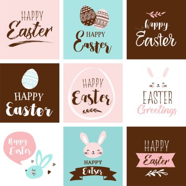 Mutlu Paskalya tebrik kartları koymak şirin pembe, tatlı el çekilmiş suluboya bunny, yumurta, kurdeleler ile