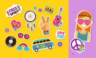 Hippie, bohemian stickers, pins, art fashion chic patches, pins, badges and icons