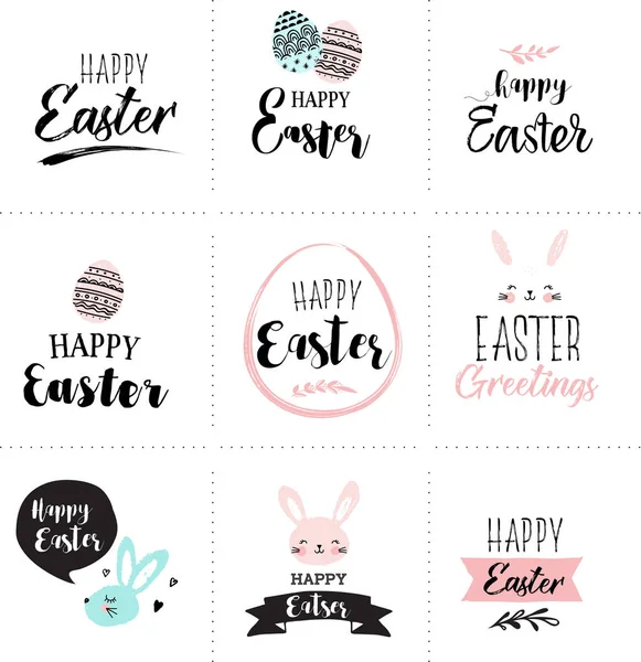 Frohe Ostern Grußkarten Set mit niedlichen rosa, süßen, handgezeichneten Aquarellhasen, Eiern, Bändern — Stockvektor