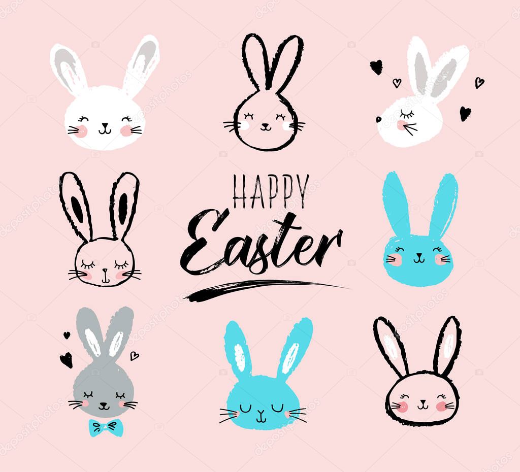 Bunny Rabbits Cute Characters Set For Easter Kids And
