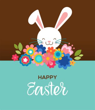 Mutlu Paskalya tebrik kartı, poster, sevimli, tatlı bunny ve çiçekler