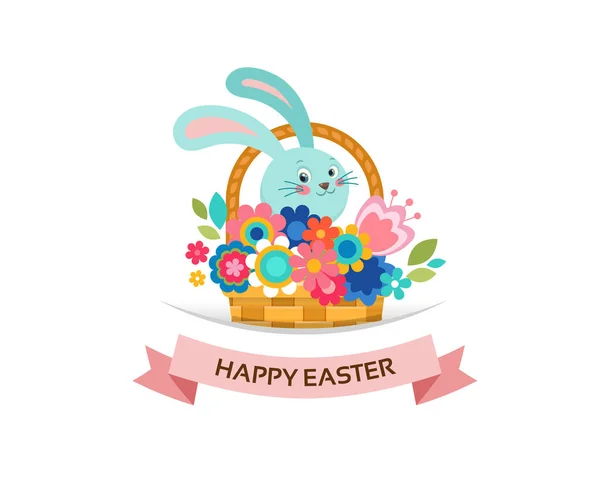 Tarjeta de felicitación feliz Pascua, conejito en cesta, con flores y huevos, cartel, conejito, ilustración — Vector de stock