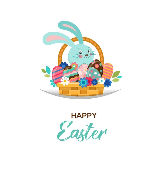 Tarjeta de felicitación feliz Pascua, conejito en cesta, con flores y huevos, cartel, conejito, ilustración — Vector de stock