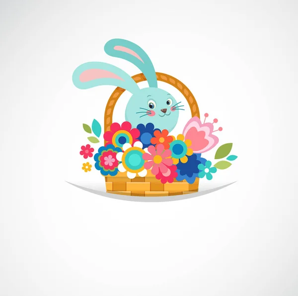 Glad påsk gratulationskort, korg med ägg, illustration, affisch, blommor och bunner — Stock vektor