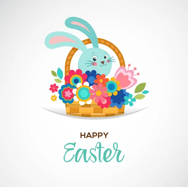 Happy Easter greeting card, basket with flowers and eggs, poster, bunner, illustration — Stock Vector