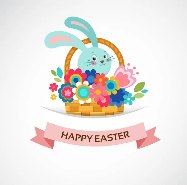 Happy Easter greeting card, basket with flowers and eggs, poster, bunner, illustration — Stock Vector