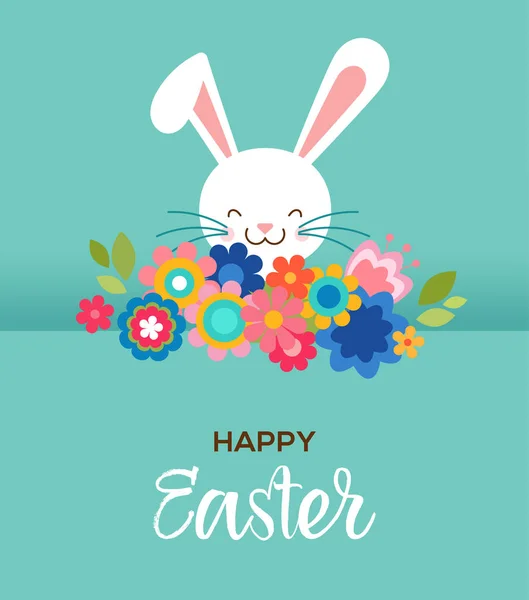 Happy Easter greeting card, poster, with cute, sweet bunny and flowers — Stock Vector