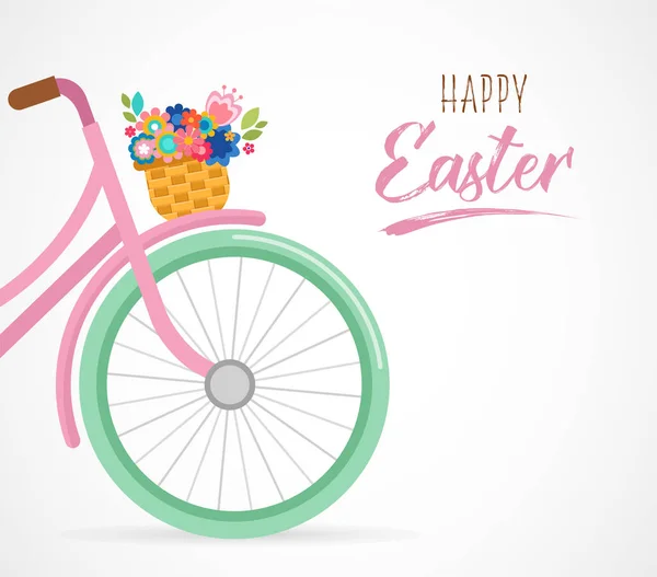 Buona Pasqua biglietto di auguri, poster, con carino, fiori nel cestino della bicicletta — Vettoriale Stock