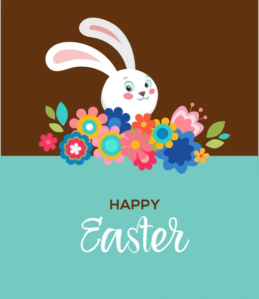 Bonne carte de vœux de Pâques, affiche, avec mignon, lapin doux et fleurs — Image vectorielle