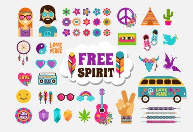 Hippie, bohemian design with icons set, stickers, pins, art fashion chic patches and badges