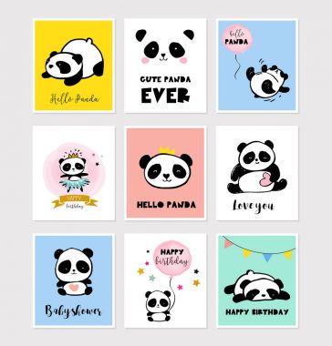 Sevimli Panda illüstrasyonlar, renkli basit tarzı topluluğu doğum günü tebrik kartları, posterler ayı.
