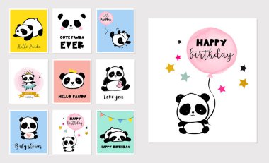 Sevimli Panda illüstrasyonlar, renkli basit tarzı topluluğu doğum günü tebrik kartları, posterler ayı.
