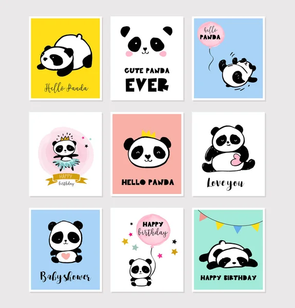 Lindo oso Panda ilustraciones, colección de tarjetas de felicitación de cumpleaños de estilo simple colorido, carteles — Vector de stock