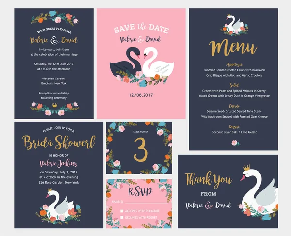 Set de mariage avec des illustrations de cygne invitation, enregistrer la date, carte de remerciement et menu — Image vectorielle