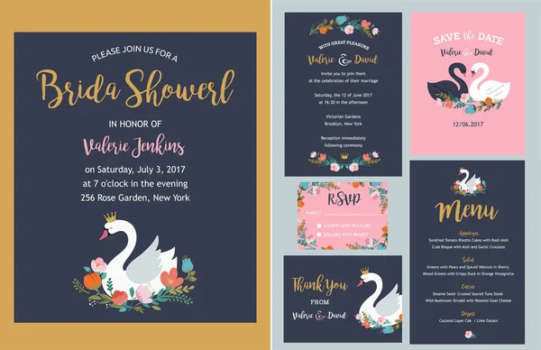 Весільний набір з ілюстраціями лебедя - запрошення, зберегти дату, подякувати картці та меню — стоковий вектор