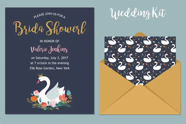 Wedding set with swan illustrations and bridal shower invitation — Stock Vector