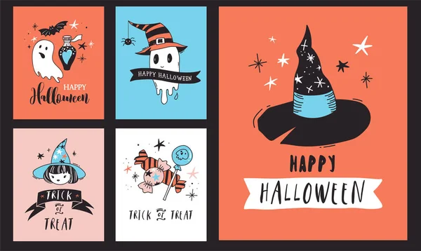 Cadılar Bayramı partisi, elle çizilmiş modern kartları, illüstrasyonlar set — Stok Vektör