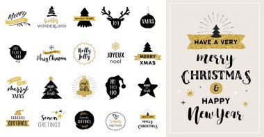 Neşeli Noel el kartları, Resimler ve simgeler, tasarım koleksiyonu yazı çekilmiş