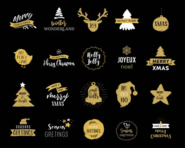 Veselé Vánoce ručně tažené karty, ilustrace a ikony, písma design collection s černým pozadím — Stockový vektor