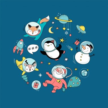 Merry Christmas - kozmik Xmas, alan kış illüstrasyonlar, Santa, Penguen, geyik, tilki ve uzay gemisi 