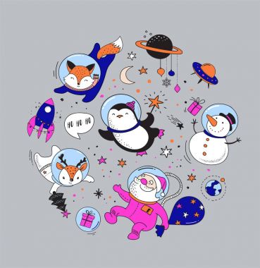 Merry Christmas - kozmik Xmas, alan kış illüstrasyonlar, Santa, Penguen, geyik, tilki ve uzay gemisi 