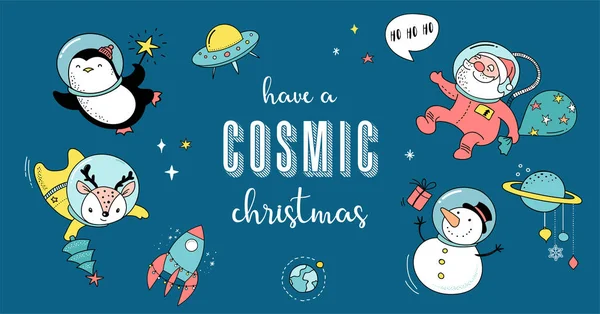 Frohe Weihnachten - kosmische Weihnachten, Weltraum-Winter-Illustrationen, Weihnachtsmann, Pinguin, Hirsch, Fuchs und Raumschiff — Stockvektor