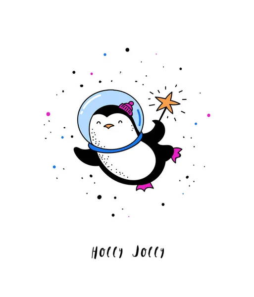 快乐圣诞-宇宙圣诞空间冬季插图、 圣诞老人、 企鹅、 鹿、 狐狸和太空飞船 — 图库矢量图片