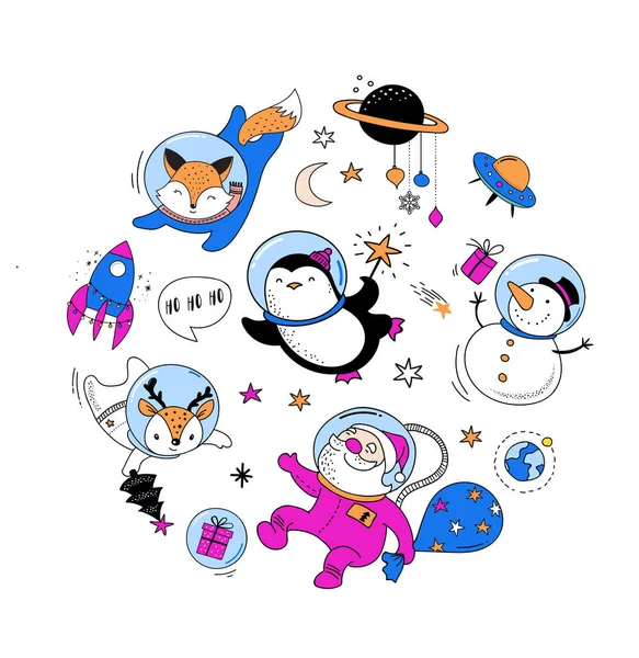 Merry Christmas - kosmische Xmas, ruimte winter illustraties, Santa, pinguïn, herten, Fox en ruimteschip — Stockvector