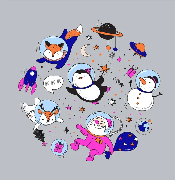 快乐圣诞-宇宙圣诞空间冬季插图、 圣诞老人、 企鹅、 鹿、 狐狸和太空飞船 — 图库矢量图片